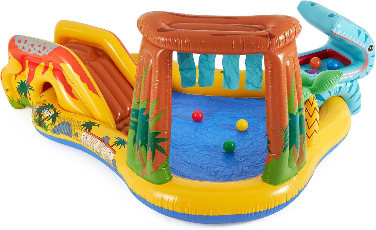 Inflatable Dinosaur Play Center Outdoor Playhouse Inflatable Water Park with Kid Pool Slide, Water Sprayer, Waterfall, and 6 Balls, Multicolor