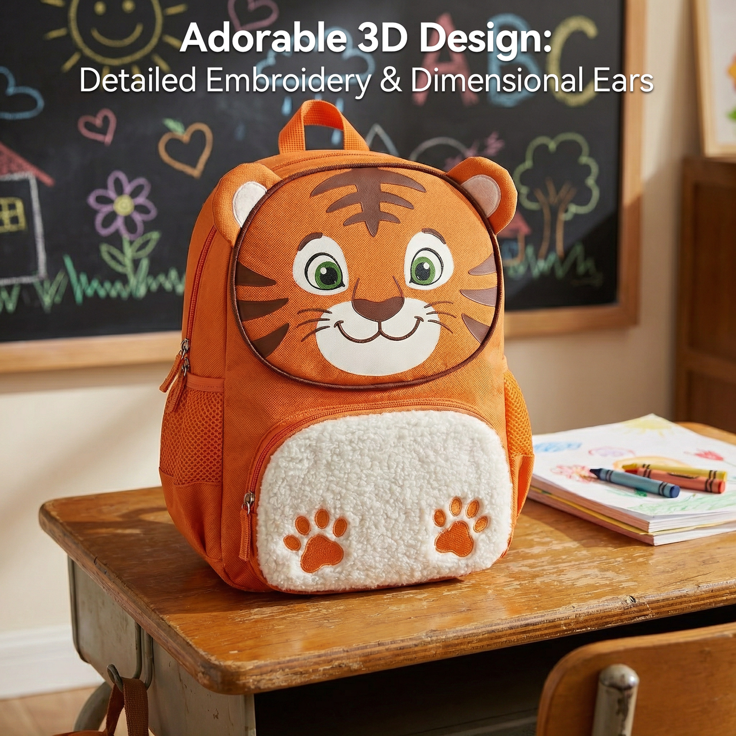 11-Inch Cartoon Tiger-Themed Kids Backpack  已改 美