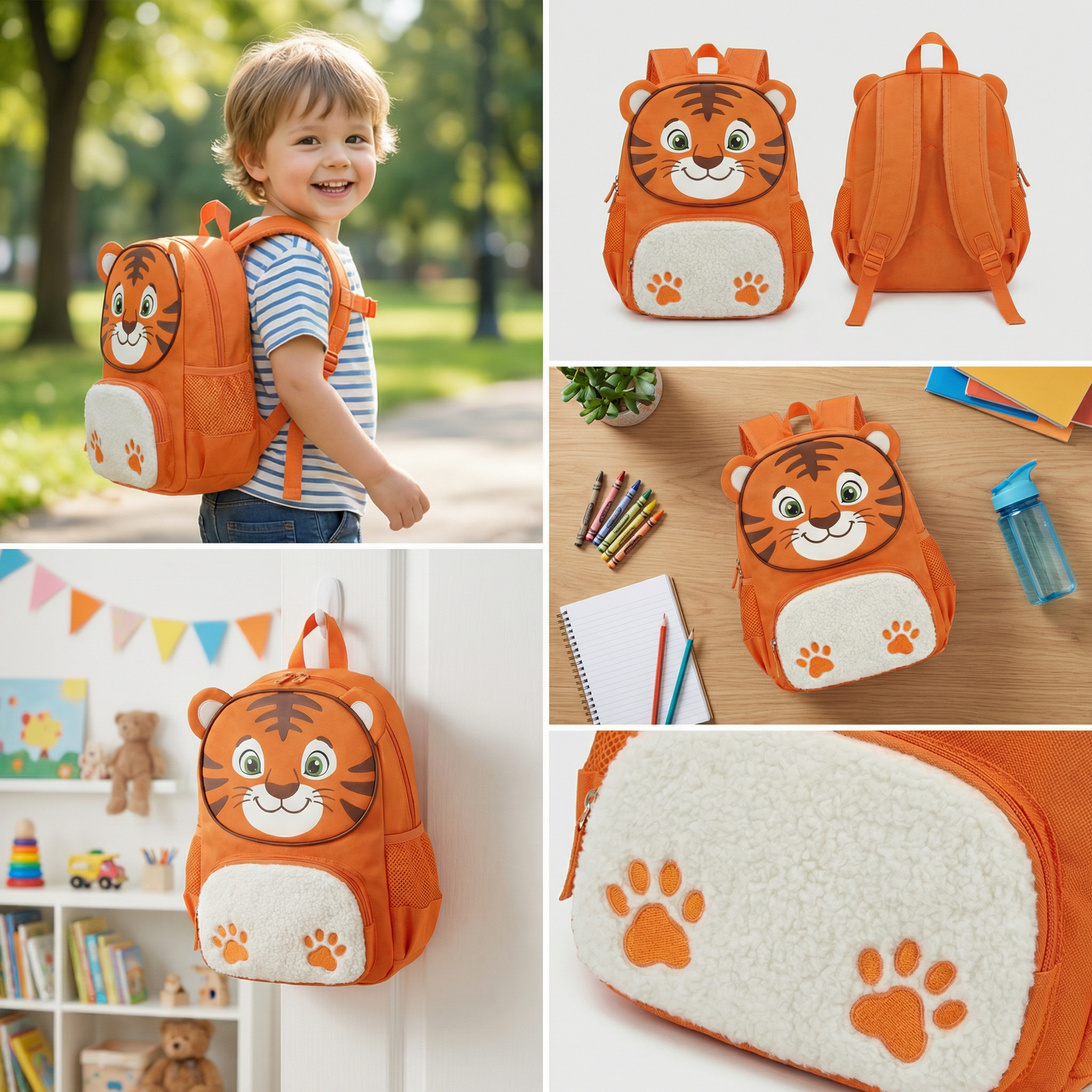 11-Inch Cartoon Tiger-Themed Kids Backpack  已改 美